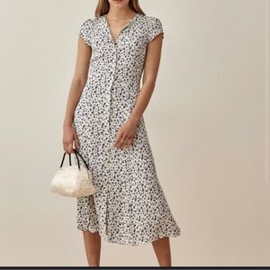 Reformation Fauna Floral Midi Dress Button Front Cap Sleeve Cream Blue Size 0